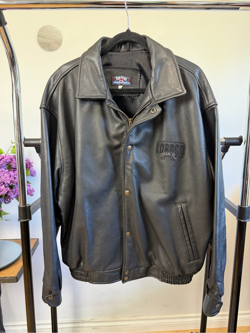 Sun Cruz Black Leather Bomber Jacket with Snap & Zip Closure